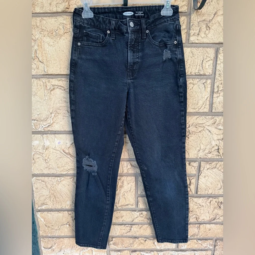 Old Navy O.G Straight High Rise Black Wash Distressed Jeans Size 2